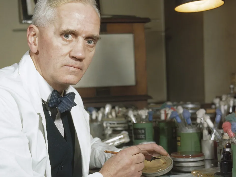 Alexander Fleming en su laboratorio del hospital St. Mary, en 1943