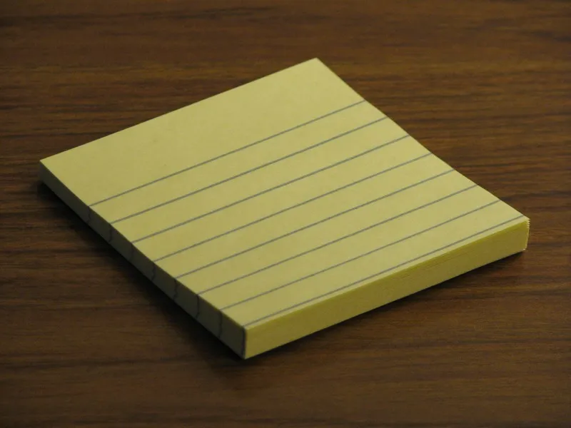 Bloque de notas Post-it amarillas clásicas con líneas, sobre una superficie de madera.